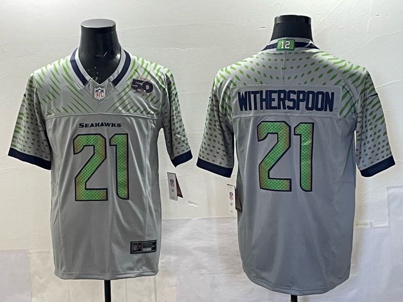 Men 2025 Seattle Seahawks #21 Witherspoon Grey 5th generation Throwback Nike Limited NFL Jersey style 03